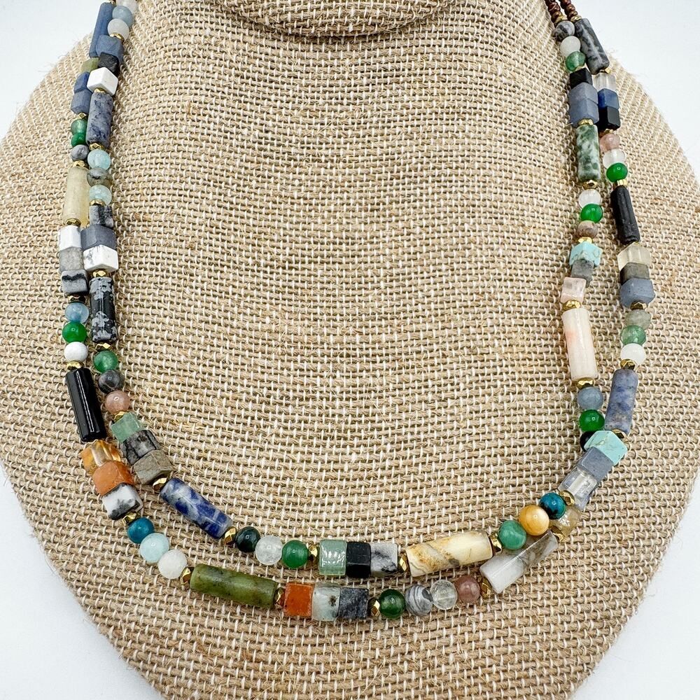 Vintage Layered Gemstone Necklace Natural Jasper Agate Turquoise Amazonite Jade